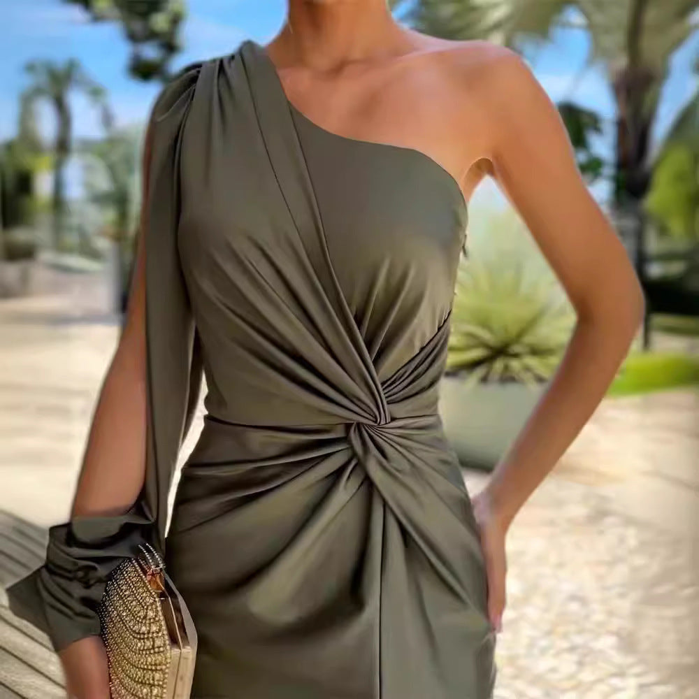 Diagonal Shoulder Knot Split Solid Color Slim Fit Dress