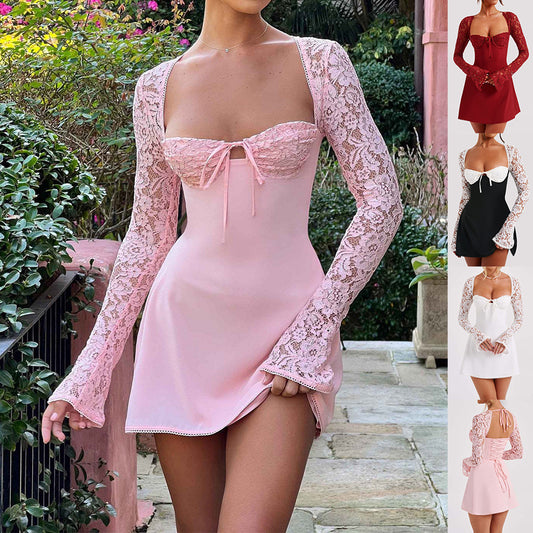 Corset Lace Long Sleeve Dress Sexy Y2K Backless Lace Up Short Dresses Women's Clothing