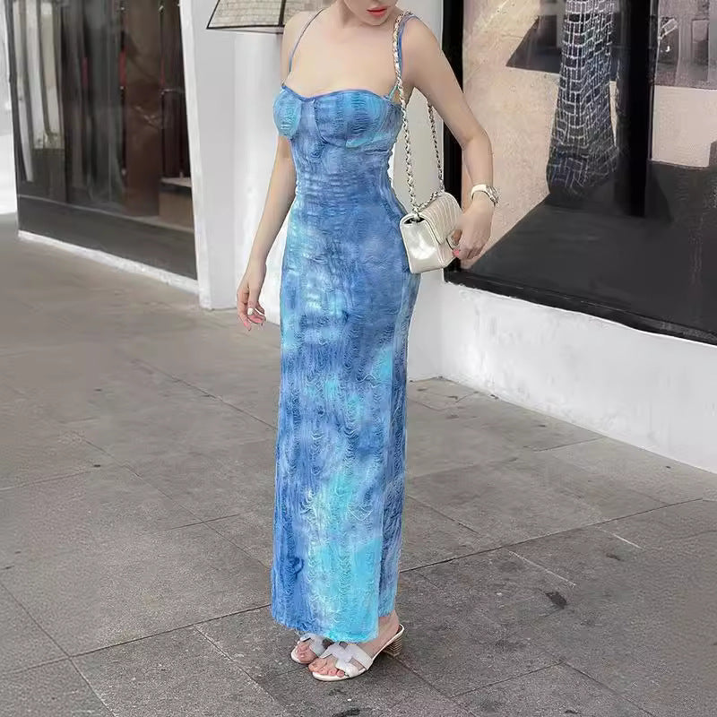 Tatted Tie-dyed Suspenders Bodycon Dress Women