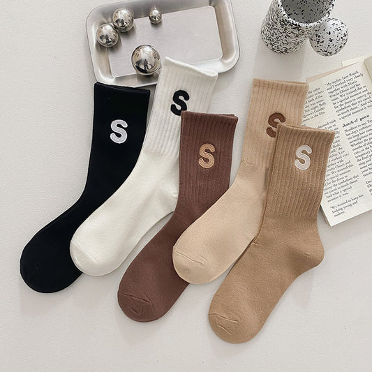 Embroidered S-letter Cotton Sweat-absorbent Autumn And Winter Socks Women's
