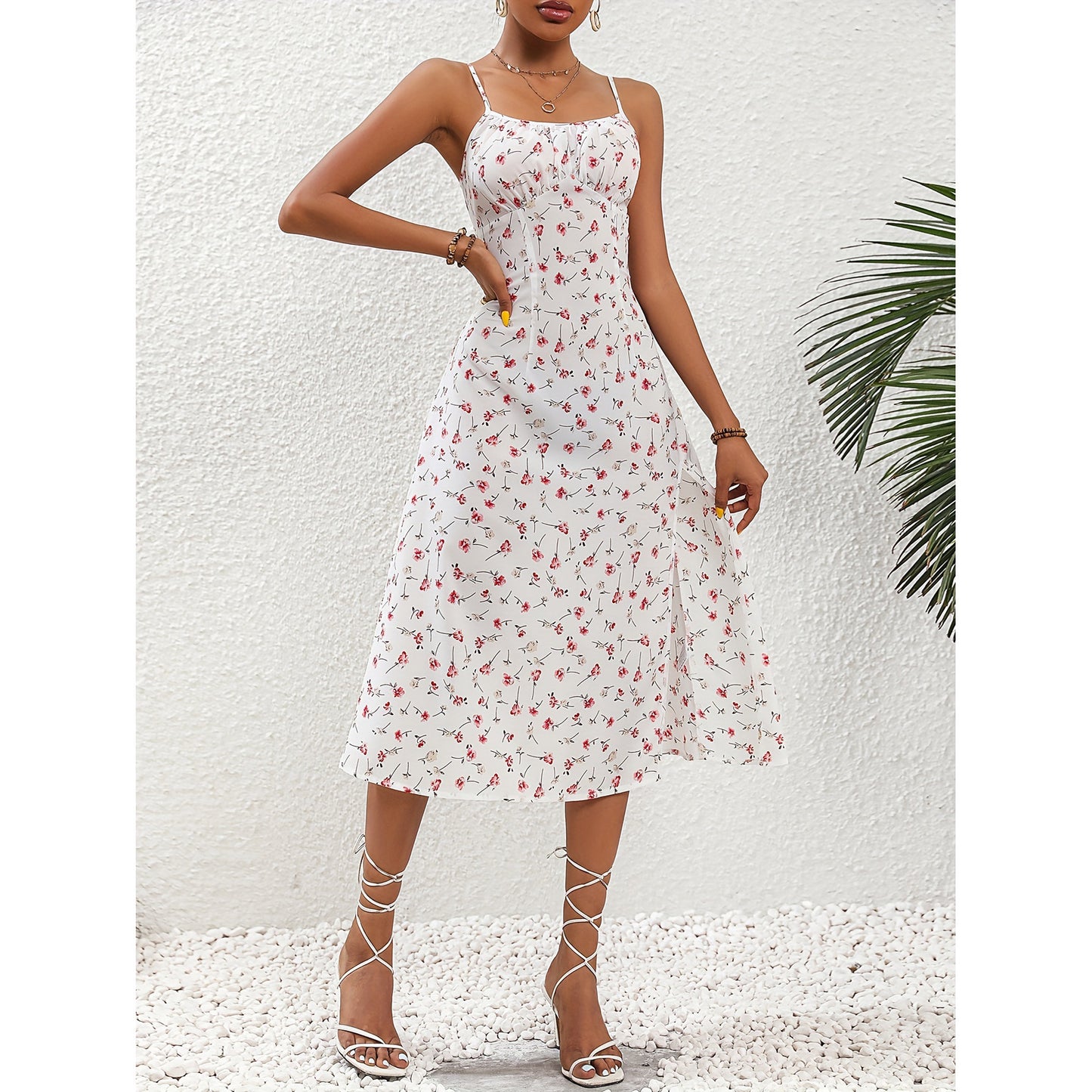 Floral Print / Polka Dot Spaghetti Strap Midi Dress with Slit Polka Dot Print Suspender Dress Summer Sexy Split Long Dresses For Women's Clothing