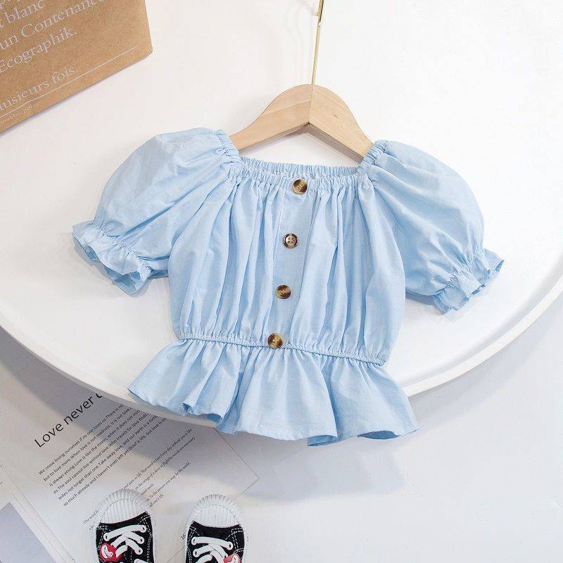 Stylish Toddler Girl Ruffle Hem Blouse | Short Sleeve Button Top Girls' One-shoulder Puff Sleeve Top Korean Style