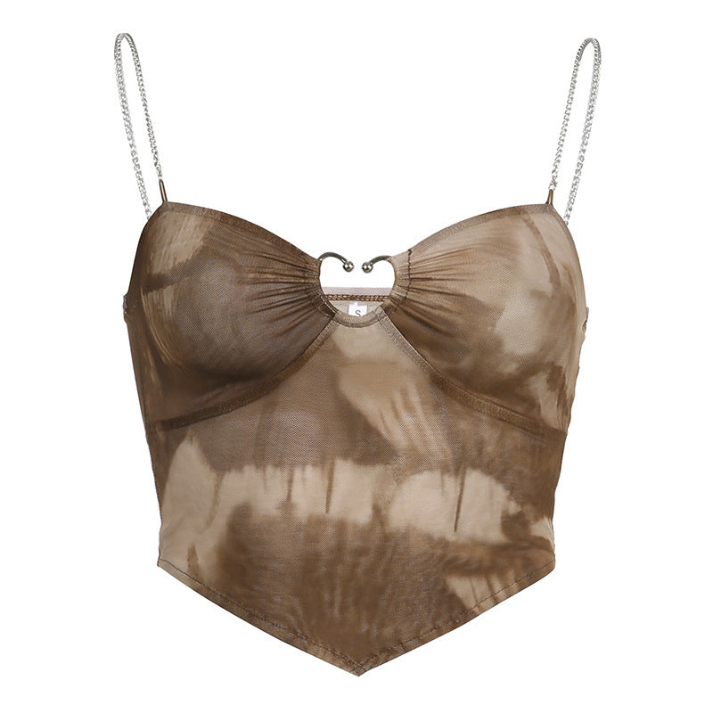 Trendy Tie-Dye Print Camisole Top Retro Mesh Floral Print Contrast Color Chain Top