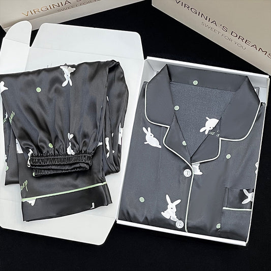 Luxurious Satin / Silk-Look Patterned Pajama Set Women's Korean-style Ins Cute Lapel Long-sleeved Pajamas