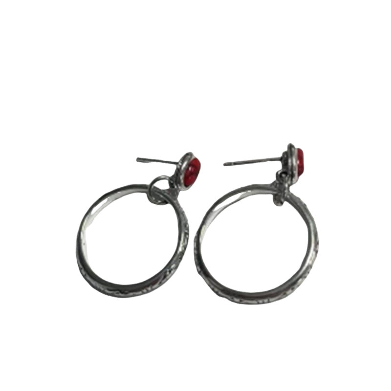 Bohemian Style Dangle Earrings with Oval Gemstone & Engraved Silver Bar Dark Night Ornament Carved Flower Ear Clips