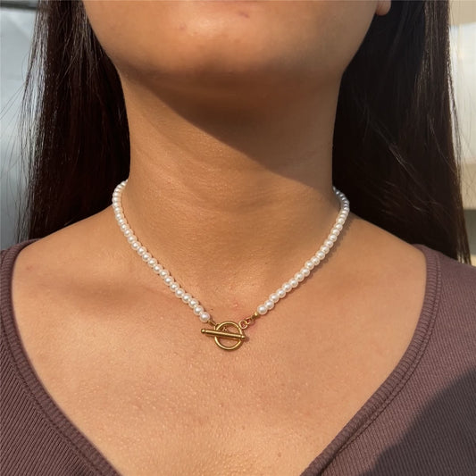 Classic Pearl Choker with Gold Toggle Clasp – Elegant Stainless Steel Necklace For Women's