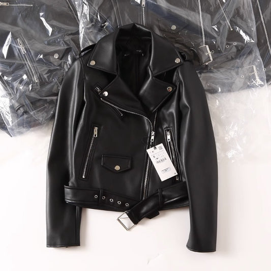 Black PU Leather Zip Jacket For Women's
