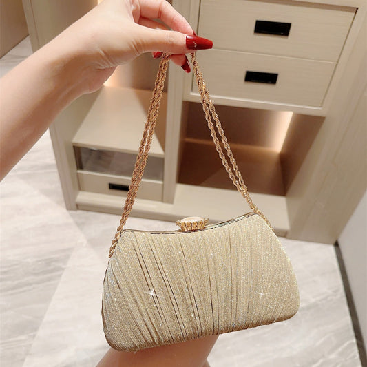 Golden Glam Clutch – Shimmer Elegance with a Chain Twist Shiny Pleated Evening Party Dress One Shoulder Prom Bag