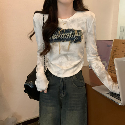 Retro Denim Patch T-shirt Women's Long-sleeved Short Top