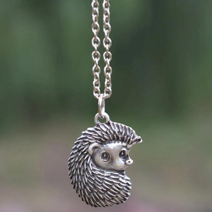 Cute Oxidized Silver Tone Hedgehog Pendant Necklace | Animal Lover Gift Retro Style Hedgehog Silver Alloy Pendant Necklace