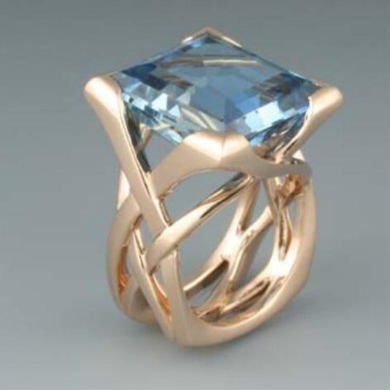 Modern Rose Gold & Sky Blue Topaz Ring Fashion Diamond Hollow Gold Inlaid Square Blue Stone Personality Ring