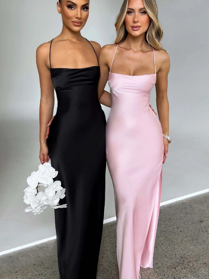 Cowl Neck Satin Maxi Dress with Thigh Slit Premium Satin Sleeveless Sexy Backless Lace Up Dress