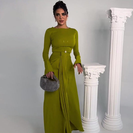 Elegant Olive Green Long Sleeve Maxi Dress | Modest & Chic Graceful Satin Banquet Long Dress