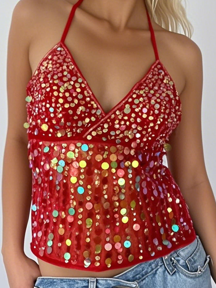Dopamine Sequined Suspender Deep V Strap Top For Women's