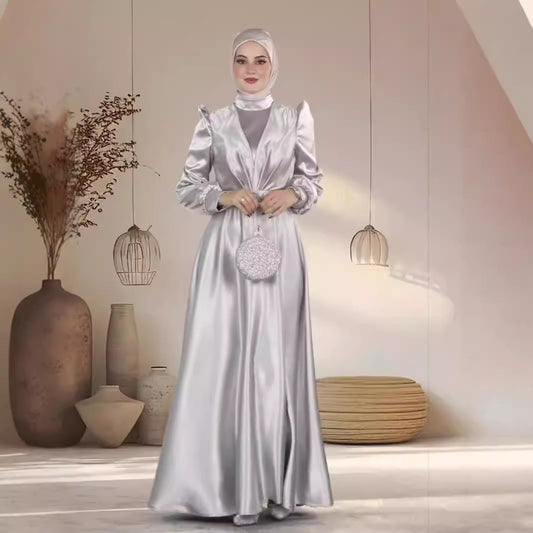 Luxurious Satin Modest Maxi Dress | Elegant Silver Grey Gown Graceful Satin Long Dress Women