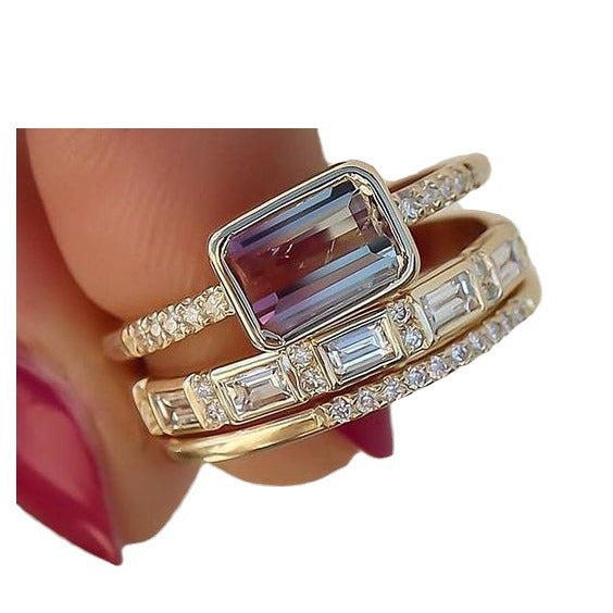 Elegant Two-Tone Gemstone Ring Stack - Unique Engagement/Bridal Set Women's Fashion Diamond Three-piece Set Advanced Personality Ring