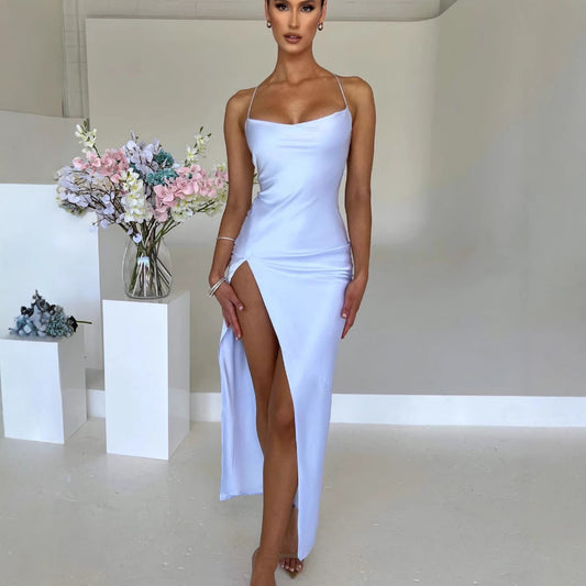 Cowl Neck Satin Maxi Dress with Thigh Slit Premium Satin Sleeveless Sexy Backless Lace Up Dress