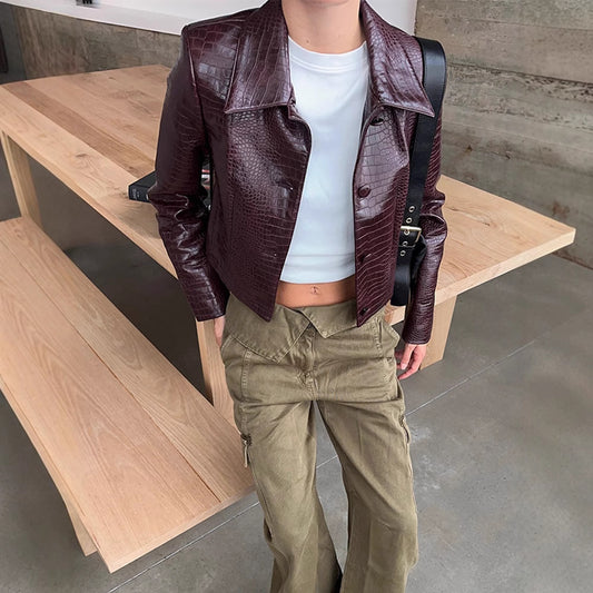 Wine Red Lapel Long Sleeve Leather Coat For Women's