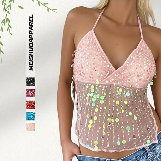 Dopamine Sequined Suspender Deep V Strap Top For Women's