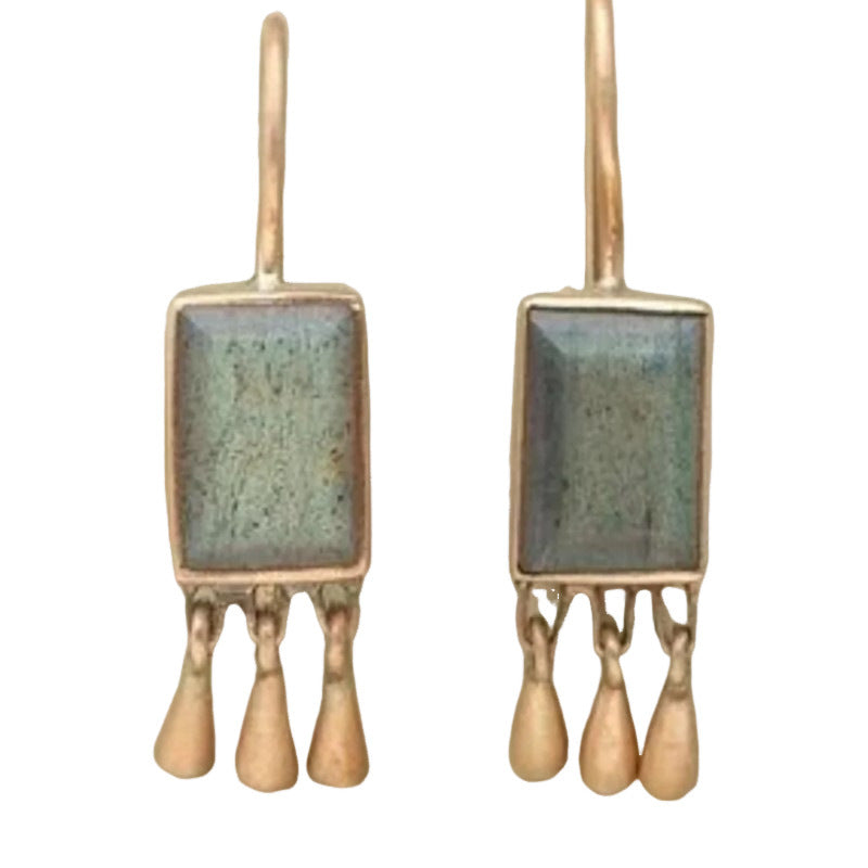 Unique Geometric Resin Stone & Teardrop Charm Earrings New Retro Geometric Inlaid Turquoise Tassel Earrings