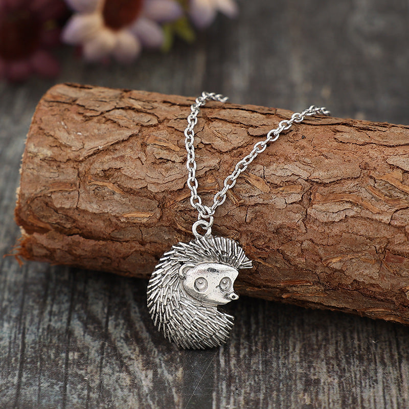 Cute Oxidized Silver Tone Hedgehog Pendant Necklace | Animal Lover Gift Retro Style Hedgehog Silver Alloy Pendant Necklace