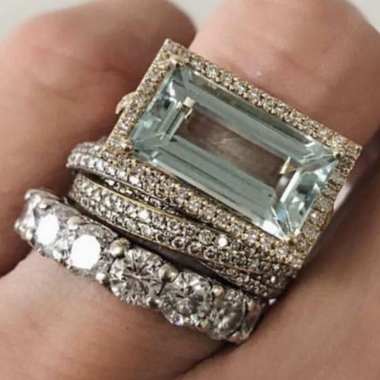 Luxurious Emerald Cut Aquamarine Ring - Diamond Halo Engagement Ring European And American High Sense Female Ring