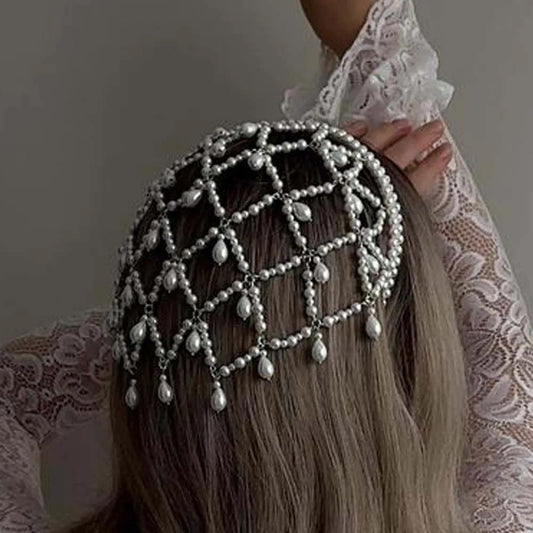 Crystal & Pearl Drape Headband / Hair Jewelry Bohemian Fashion Retro Mesh Hat Headband