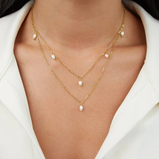 Gold Layered Pearl Charm Necklace – Double Chain Elegant Minimalist Jewelry 18K Gold-plated Natural Pearl Double-layer Twin Necklace