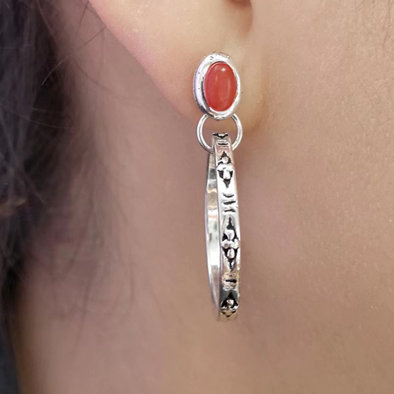 Bohemian Style Dangle Earrings with Oval Gemstone & Engraved Silver Bar Dark Night Ornament Carved Flower Ear Clips
