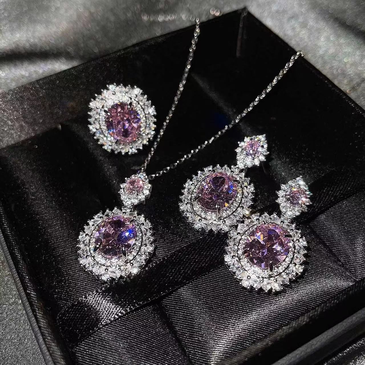Elegant Evening Wear Set with Large Faceted Crystal & Sparkling Halo Luxury Premium Three-piece Inlaid Ring Bracelet