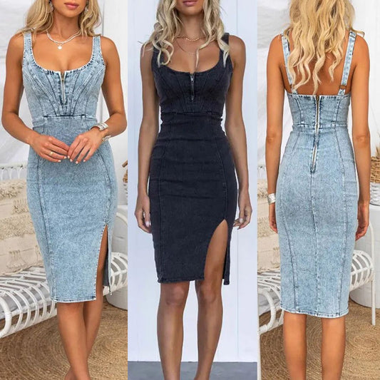 Cross-border Amazon Independent Station U-neck Sling Distressed Casual Style Denim Dress For Women's