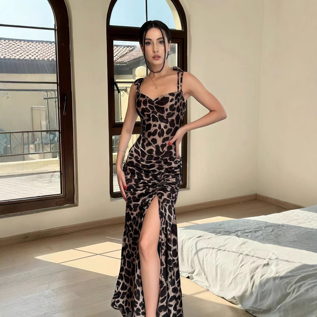 Leopard Print Split Pleated Nipped Waist Bodycon Dress