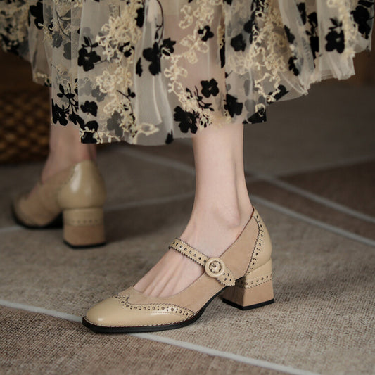 Classic Retro Strap Chunky Heel Shoes Square Toe Chunky Heel Vintage Engraving Mary Jane Shoes Women