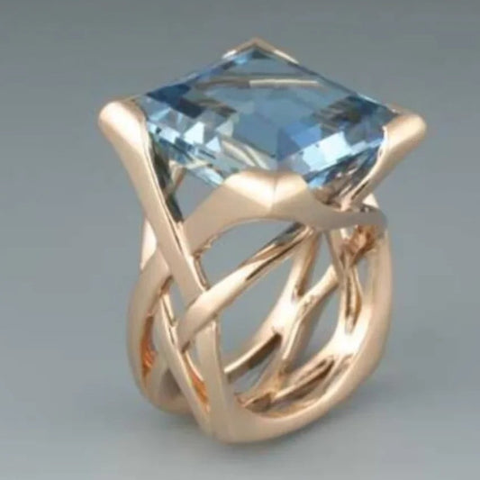 Modern Rose Gold & Sky Blue Topaz Ring Fashion Diamond Hollow Gold Inlaid Square Blue Stone Personality Ring