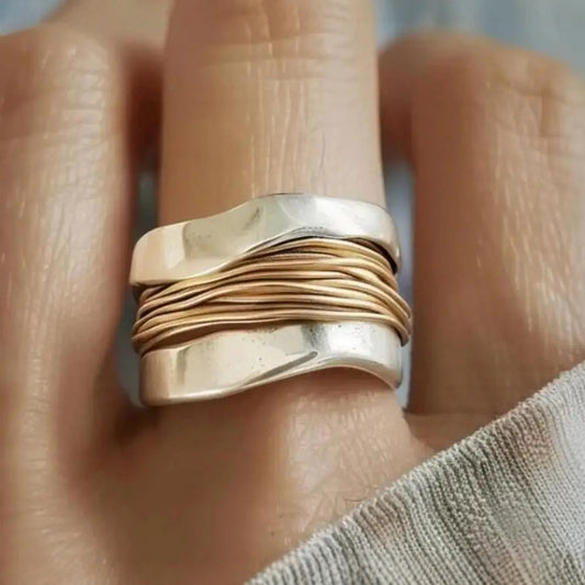 Elegant Two-Tone Wave & Layered Ring Double Color Steel Wire Wide Surface Handy Ring