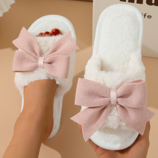 Winter Cute Bow Thick Bottom Non Slip Cotton Slippers For Women's