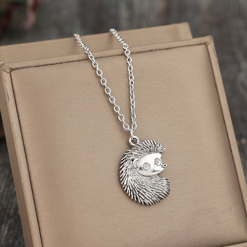 Cute Oxidized Silver Tone Hedgehog Pendant Necklace | Animal Lover Gift Retro Style Hedgehog Silver Alloy Pendant Necklace