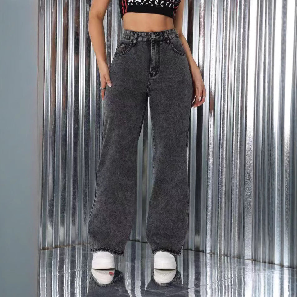 Y2K Bow Embroidered Wide-Leg Jeans – Vintage Black Wash Streetwear Denim Embroidered Jeans High Waist Straight Loose Casual Trousers Women