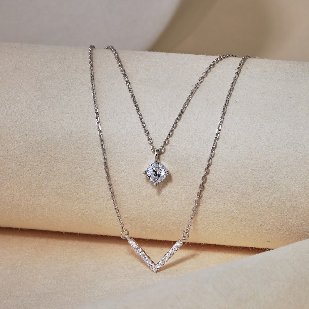 Sterling Silver Plated 18K Gold Necklace Double Layered V-shaped Pendant