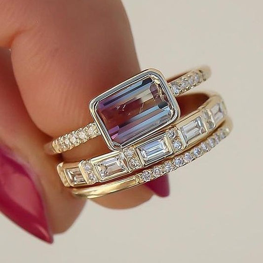 Elegant Two-Tone Gemstone Ring Stack - Unique Engagement/Bridal Set Women's Fashion Diamond Three-piece Set Advanced Personality Ring