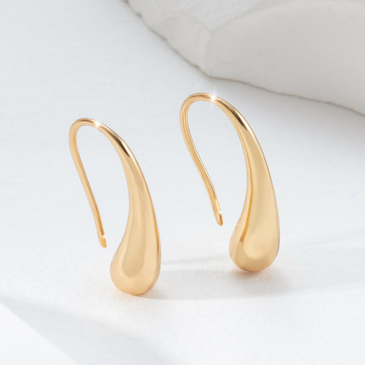 Elegant Gold Tone Teardrop Hoop Earrings | Minimalist Dangle Design Geometric Metal Glossy Surface Ear Hook
