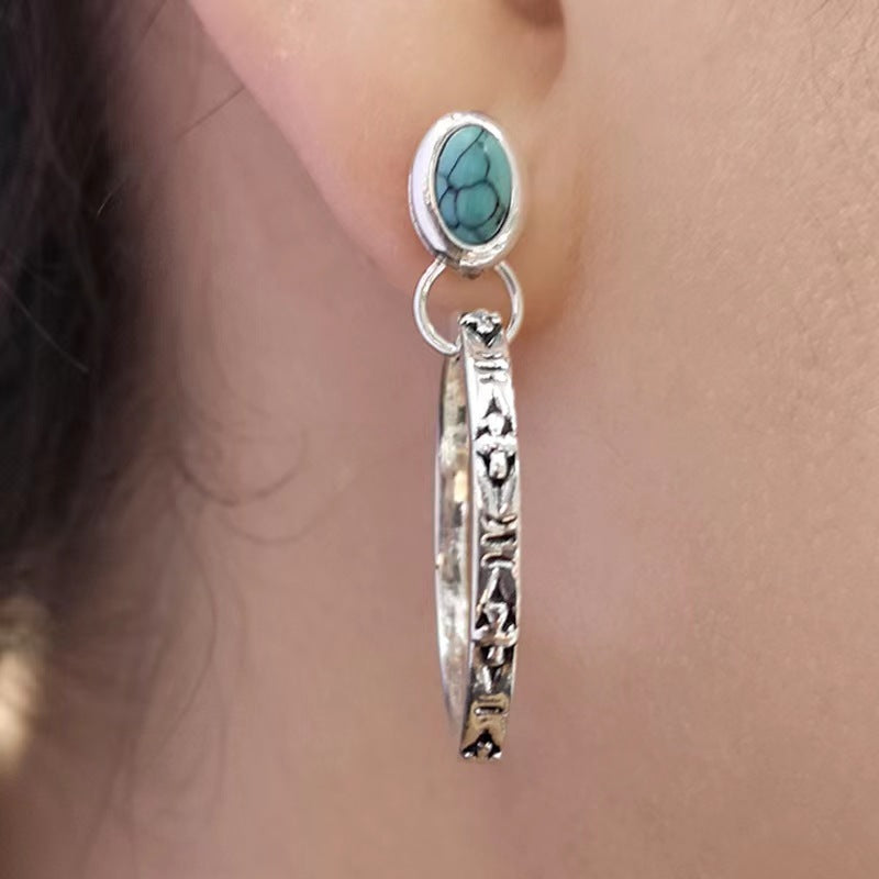 Bohemian Style Dangle Earrings with Oval Gemstone & Engraved Silver Bar Dark Night Ornament Carved Flower Ear Clips