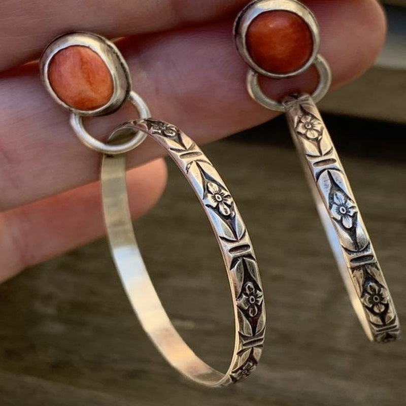 Bohemian Style Dangle Earrings with Oval Gemstone & Engraved Silver Bar Dark Night Ornament Carved Flower Ear Clips