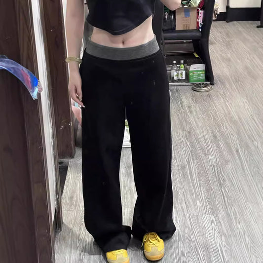 Off-Duty Fold over Lounge Pants American Street Stitching Contrast Color Wide-leg Pants Sports Pants