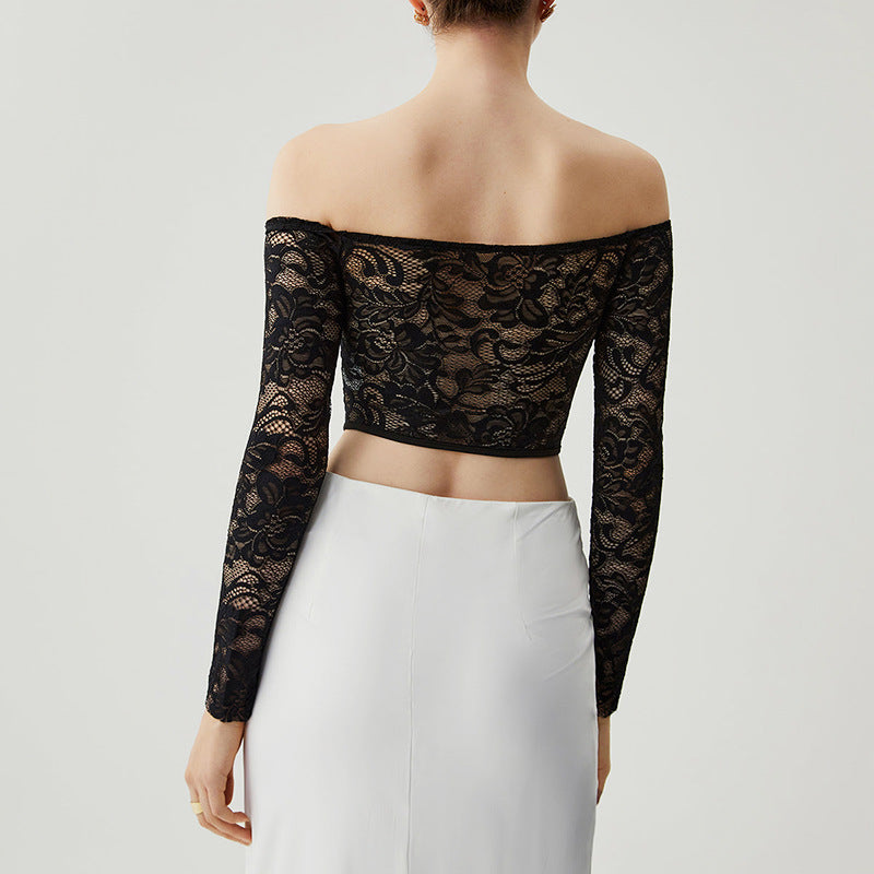 Sheer Lace Off-Shoulder Corset Top Translucent Off-shoulder Tube Top Lace Waist Long Sleeve Fishbone Corset