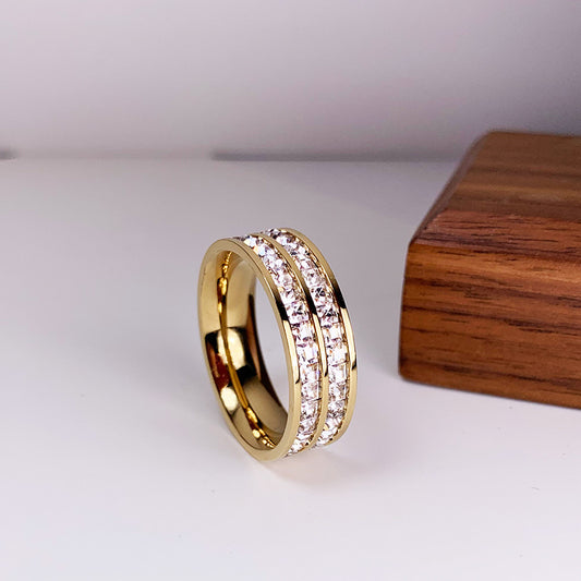 Dazzling Wide Band Crystal Eternity Ring - Multi-Tone Options Simple Student Double Single Row Square Diamond Ring
