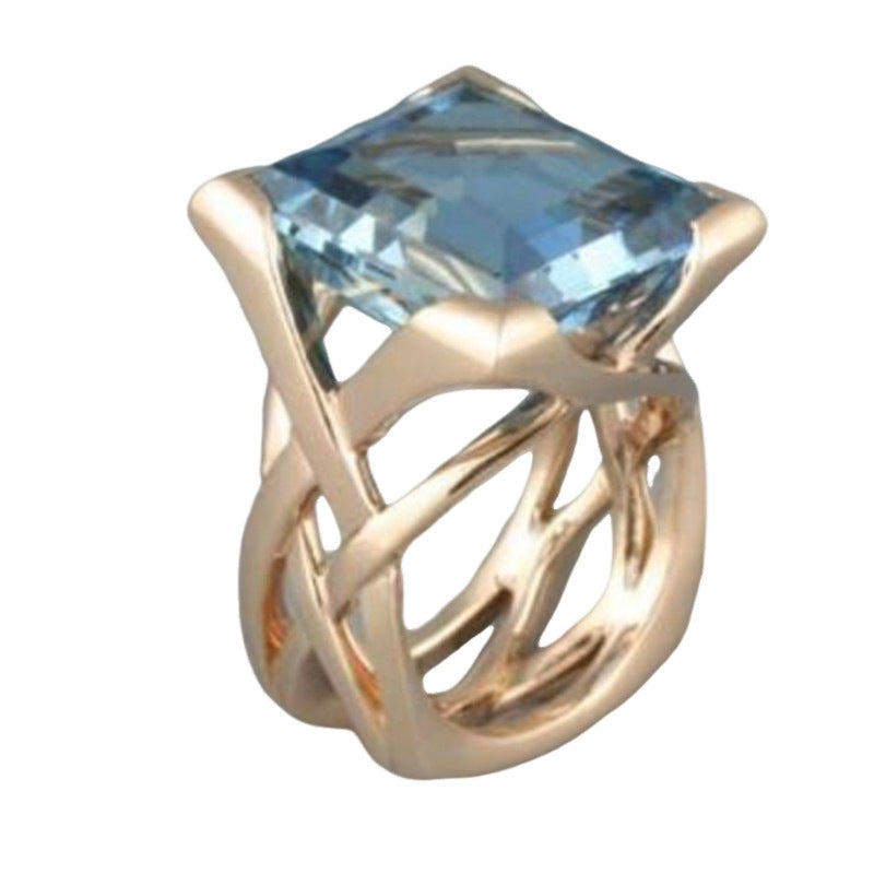 Modern Rose Gold & Sky Blue Topaz Ring Fashion Diamond Hollow Gold Inlaid Square Blue Stone Personality Ring