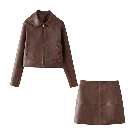 Retro Lapels Long-sleeved Zipper Leather Jacket Skirt Women's
