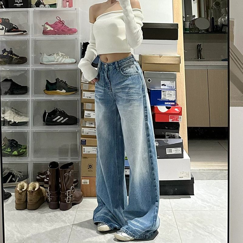 High-Waisted Light Wash Wide-Leg Jeans – Casual Everyday Denim Retro Washed High Waist Wide Leg Jeans For Women Baggy Straight Trousers