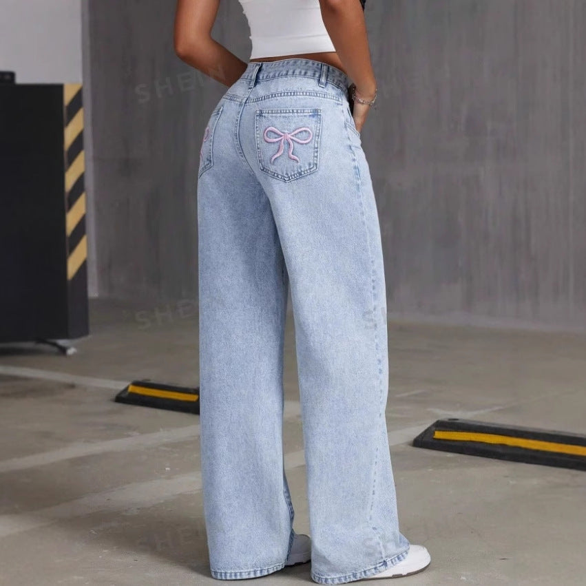 Bow Embroidery Wide-Leg Jeans – Cute Y2K Aesthetic Denim Vintage Bow Embroidered Washed Jeans For Women Straight Loose
